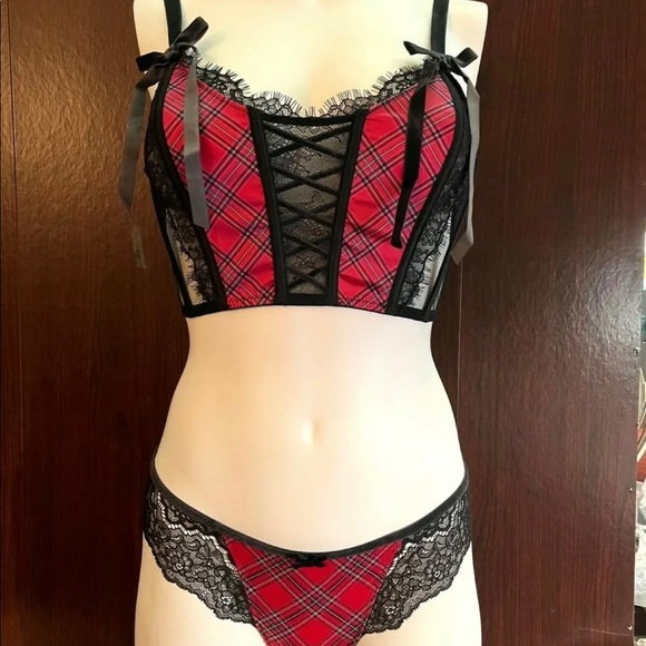 Victoria's Secret Other - NWT Victoria’s Secret Plaid Micro Lace Velvet Bow Corset & Thong Set 2 pcs